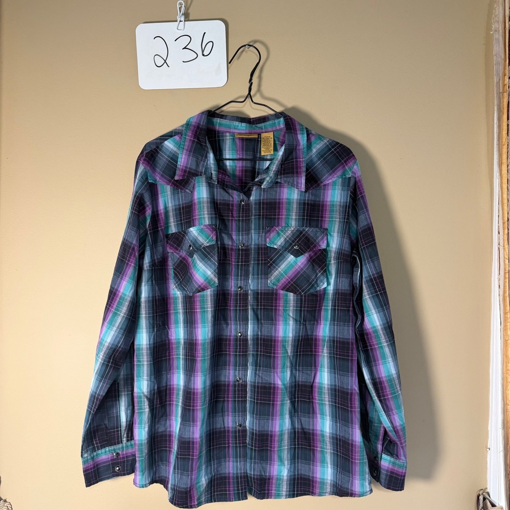 Wrangler Mens XL Plaid Western Snap Button Shirt Purple Teal LWE461M